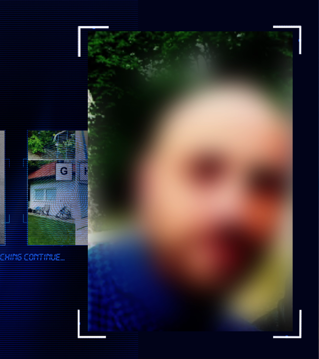 Foto eines Mannes mit Halbglatze. In Hintergrund grün einer Wiese und eines Waldes. Das Gesicht wurde im Bild technisch verfremdet. Links daneben: Lichtschematische Darstellung eines Fingerabdrucks