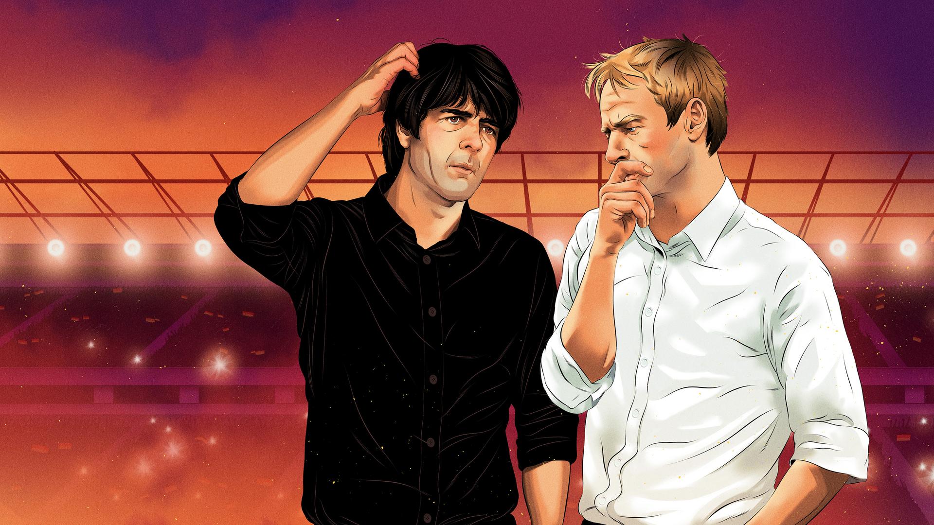 Eine Zeichnung von Jürgen Klinsmann und Jogi Löw, die grübelnd aussehen.