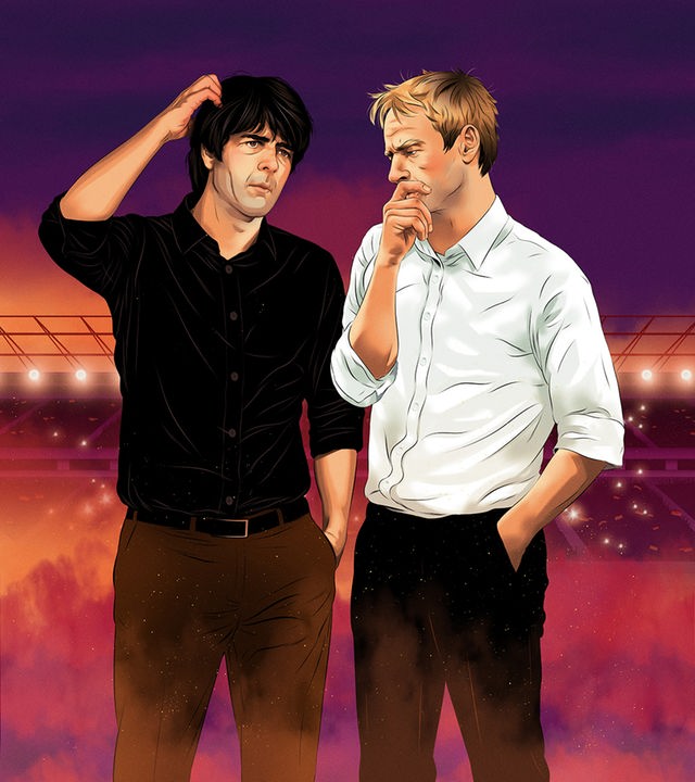 Eine Zeichnung von Jürgen Klinsmann und Jogi Löw, die grübelnd aussehen.