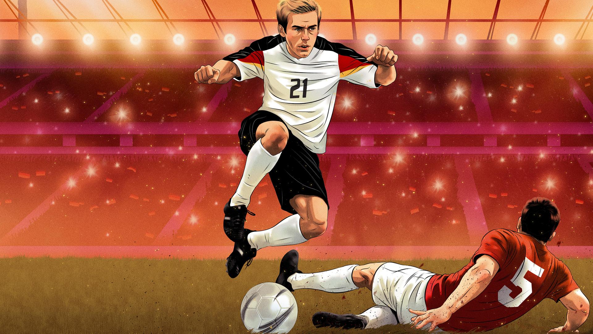 Zeichnung einer Szene im Fußballstadion. Ein Fußballer im weißen Trikot der deutschen Nationalmannschaft ist am Ball und springt über einen flankenden Fußballer im roten Trikot.
