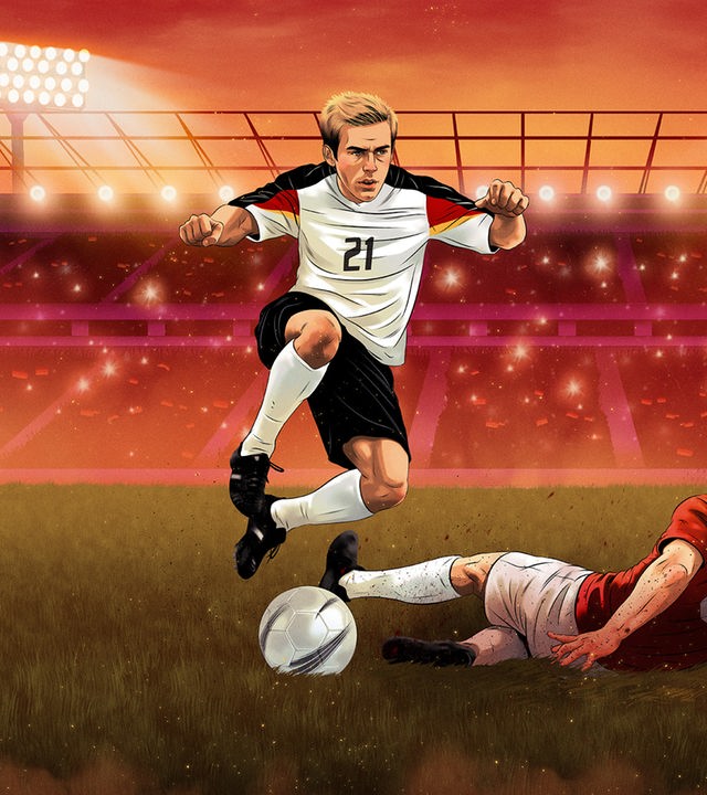 Zeichnung einer Szene im Fußballstadion. Ein Fußballer im weißen Trikot der deutschen Nationalmannschaft ist am Ball und springt über einen flankenden Fußballer im roten Trikot.