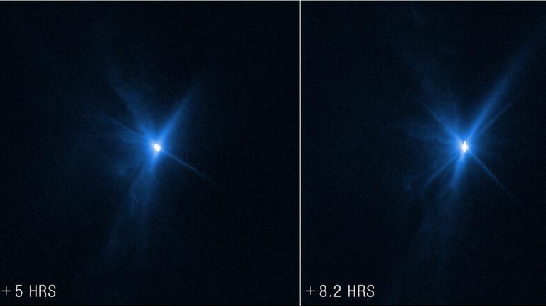 Die vom Hubble-Teleskop aufgenommene Bilder zeigen den Asteroiden Dimorphos 22 Minuten, 5 Stunden und 8,2 Stunden nach dem Einschlag der Sonde. 