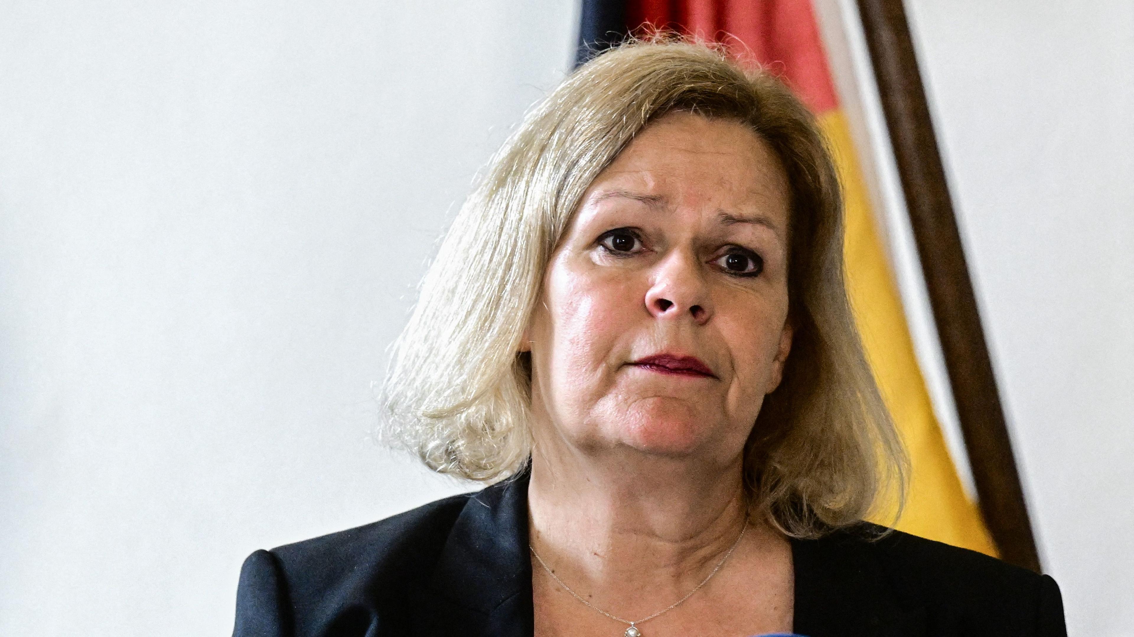 German Interior Minister Nancy Faeser and her Czech counterpart (not in picture) give a joint press conference at the German embassy in Prague, Czech Republic, on May 3, 2024.