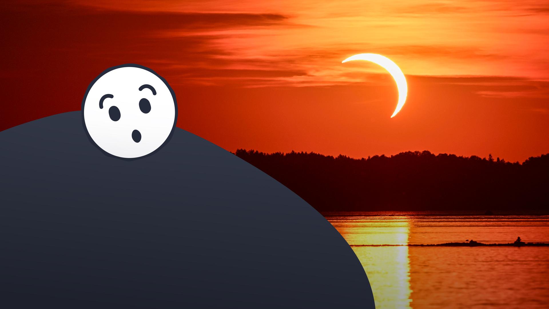 Staunender Emoji im Vordergrund auf grauem Hügel, durch den Mond verdeckte Sonne im Hintergrund