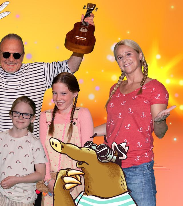 SingAlarm: Moderatorin Singa mit Rolf Zuckowski, Dieter Faber, Nadine, Maurice und Sophie Sieben im SingAlarm Studio.