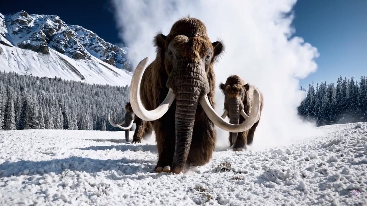 Von AI animierte Mammuts im Schnee. 
