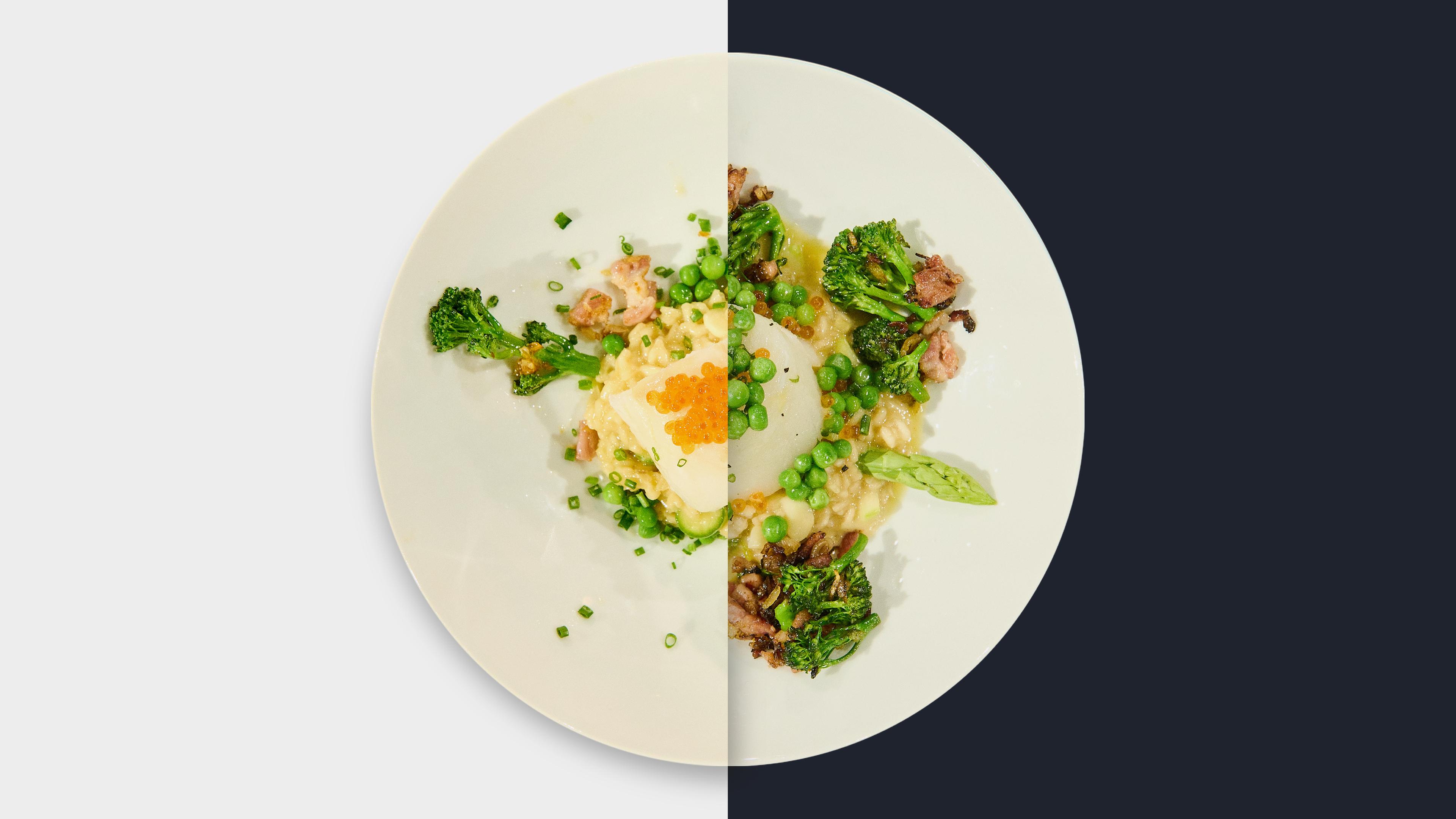 Sous-vide gegarter Kabeljau mit Beurre monté, Spargelrisotto und wildem Brokkoli