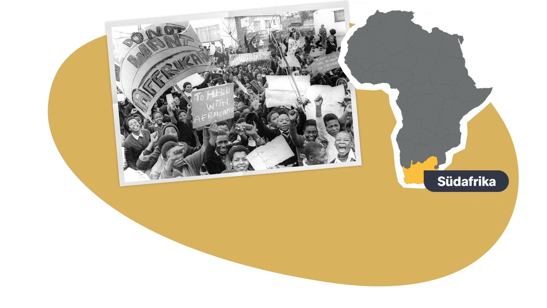 schwarz-weißes Foto des Soweto-Aufstandes und eine grafische Karte von Südafrika