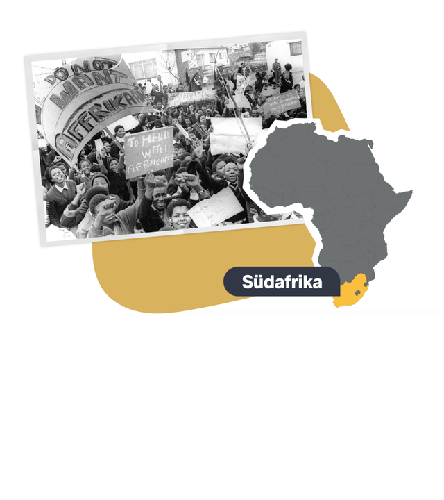 schwarz-weißes Foto des Soweto-Aufstandes und eine grafische Karte von Südafrika