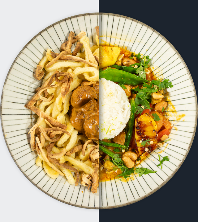 Spätzle mit Pilzrahmsauce vs. Gelbes Thai-Curry