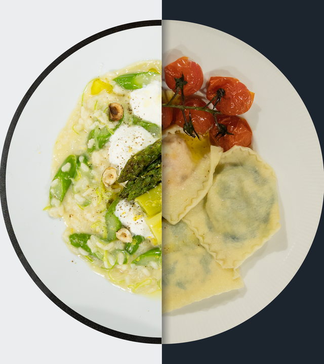 Spargel-Lauch-Risotto vs. Zweierlei Raviolo