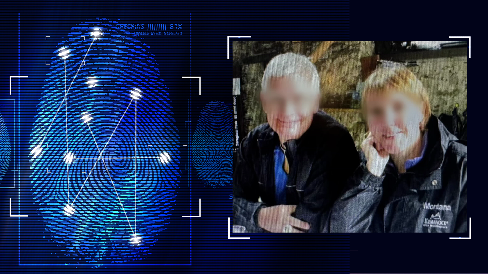 Foto eines Paares in einem Restaurant, sie lächeln in die Kamera. Teile der Gesichter wurden technisch verfremdet. Links daneben: Lichtschematische Darstellung eines Fingerabdrucks.