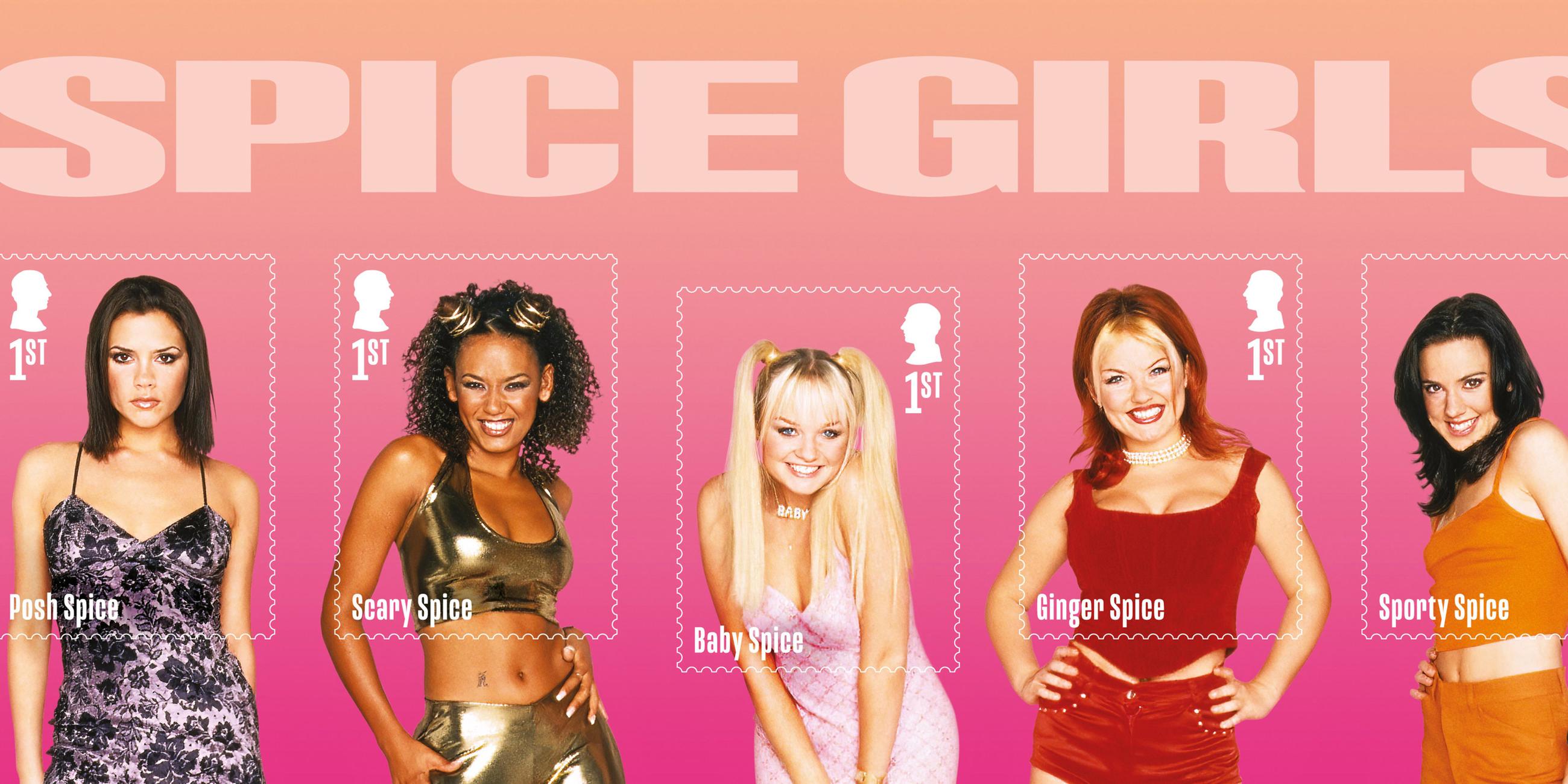 Eine der neuen Briefmarken, welche in einem Kleinbogen präsentiert werden und einzelne Bilder der Spice Girls aus dem Spice World-Fotoshooting zeigt.