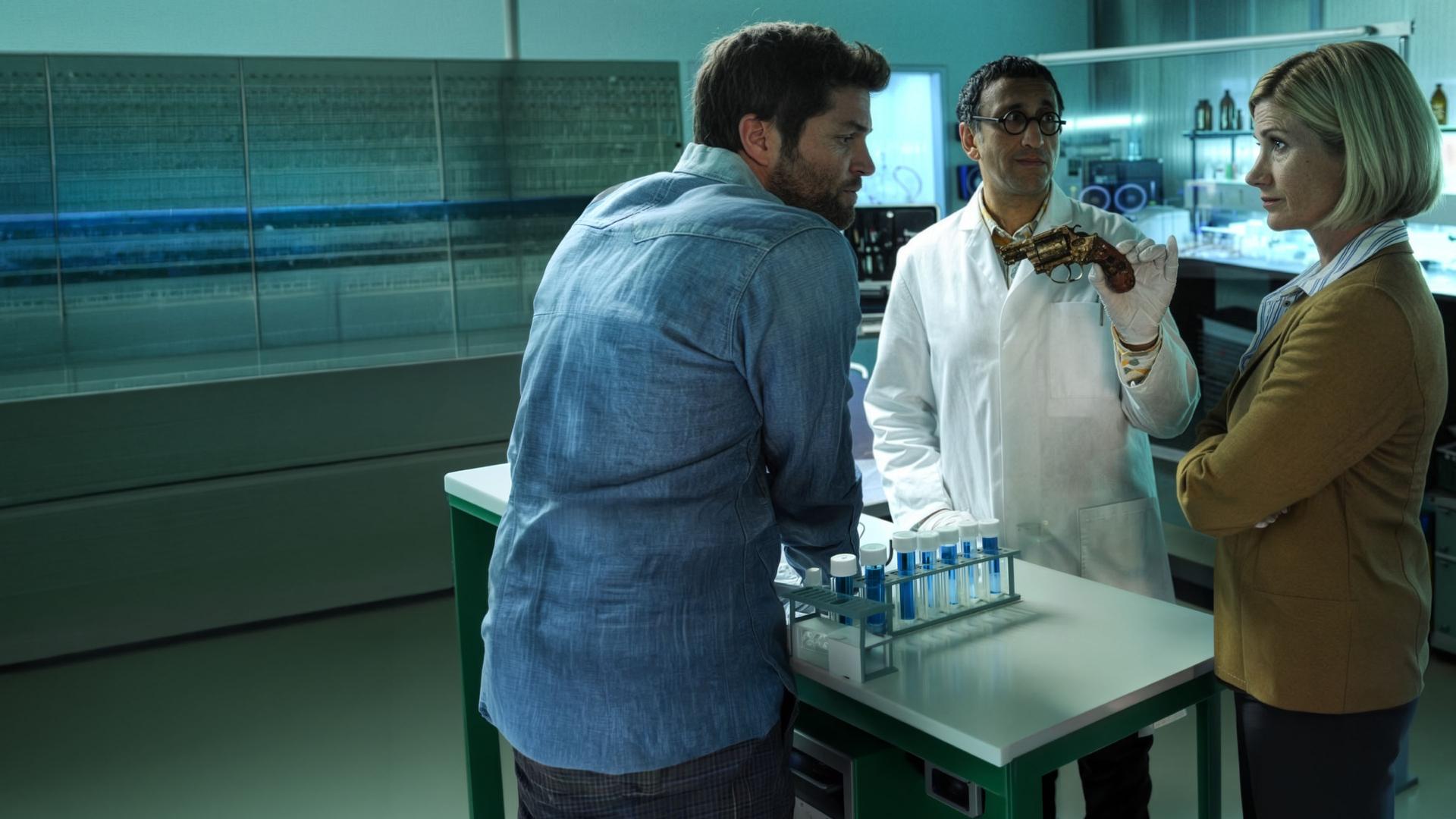 "SOKO Stuttgart - Spielfeld des Todes": Martina Seiffert (Astrid M. Fünderich) und Jo Stoll (Peter Ketnath) stehen im KTU-Labor Jan Arnaud (Mike Zaka Sommerfeldt) gegenüber. Arnaud hält ihnen einen defekten Revolver entgegen.