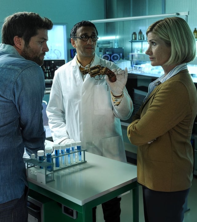 "SOKO Stuttgart - Spielfeld des Todes": Martina Seiffert (Astrid M. Fünderich) und Jo Stoll (Peter Ketnath) stehen im KTU-Labor Jan Arnaud (Mike Zaka Sommerfeldt) gegenüber. Arnaud hält ihnen einen defekten Revolver entgegen.