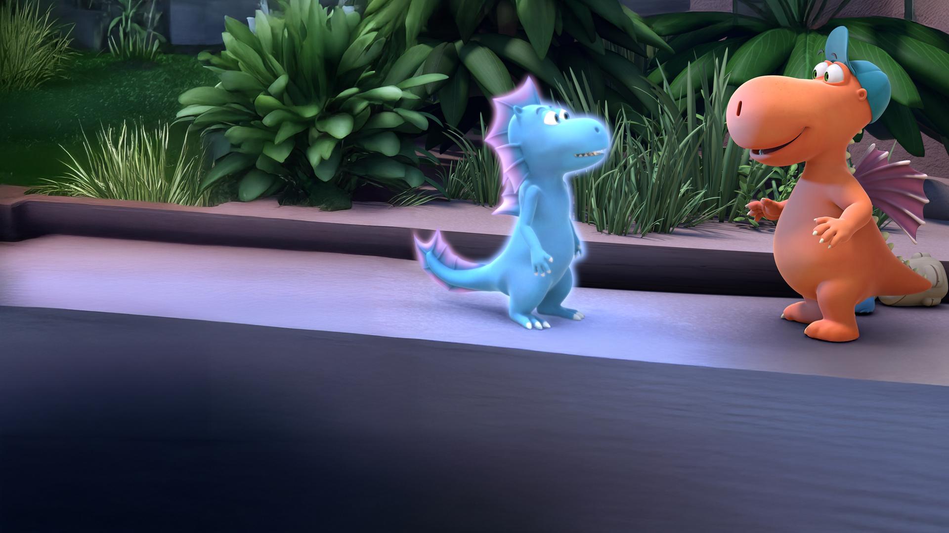 Der kleine Drache Kokosnuss und sein Freund Oskar stehen sich gegenüber