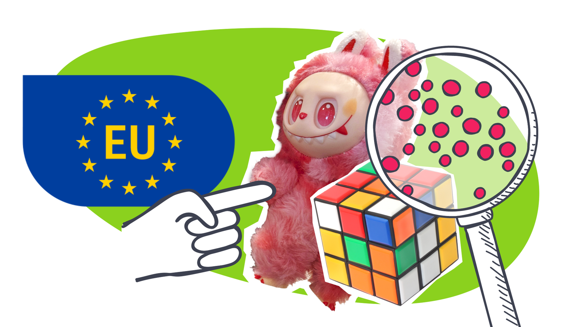 Grafik: Lupe über Spielzeug (Labubu und Zauberwürfel" darüber Lupe und EU-Zeichen