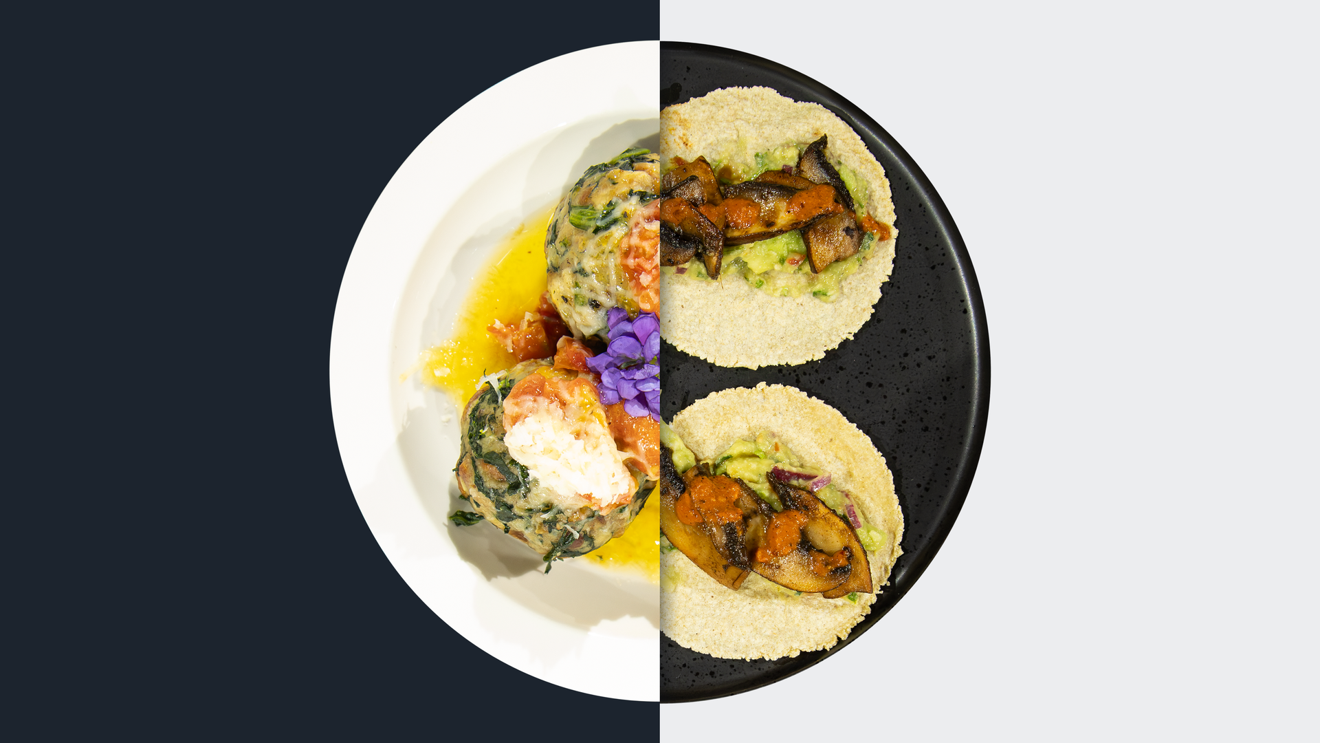 Spinat-Brezenknödel vs. Tacos de „Portobello asado"