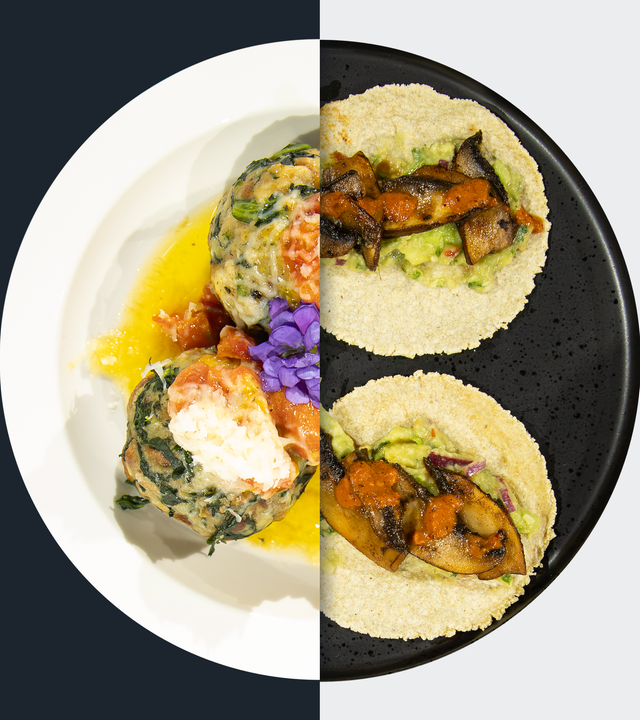 Spinat-Brezenknödel vs. Tacos de „Portobello asado"