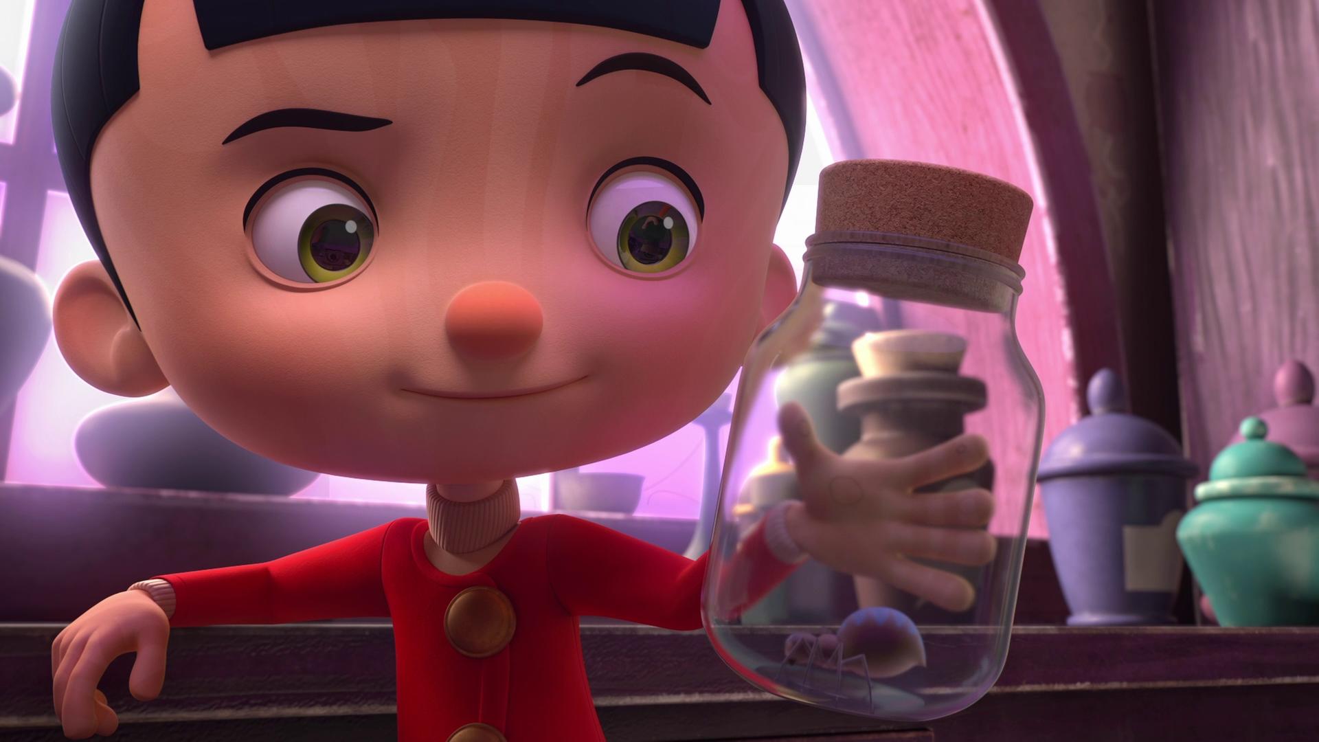 Pinocchio hält ein Glas in der Hand, in dem sich eine dunkle Spinne mit blauem Muster auf dem Rücken befindet.