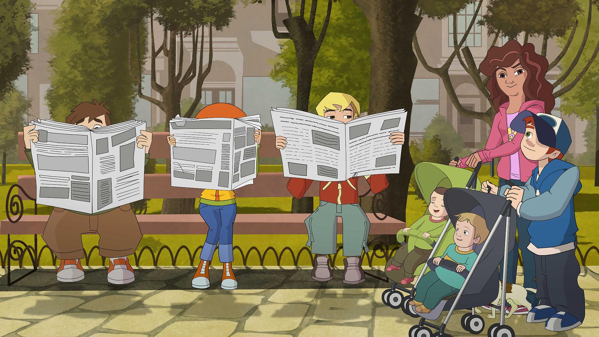 Die Freunde sitzen auf einer Parkpank und lesen Zeitung. Nebenbei beobachten sie eine Frau mit Kinderwagen. Auch Kalle schiebt einen Kinderwagen.