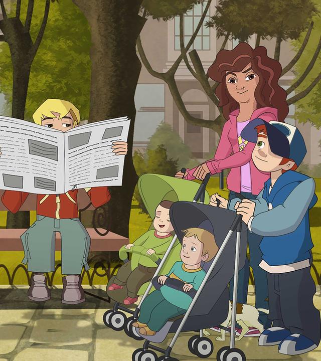 Die Freunde sitzen auf einer Parkpank und lesen Zeitung. Nebenbei beobachten sie eine Frau mit Kinderwagen. Auch Kalle schiebt einen Kinderwagen.