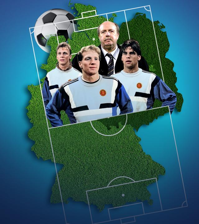 Rainer Calmund, Matthias Sammer, Ulf Kirsten, Andreas Thom & Co in einer Collage mit fliegenden Geldscheinen