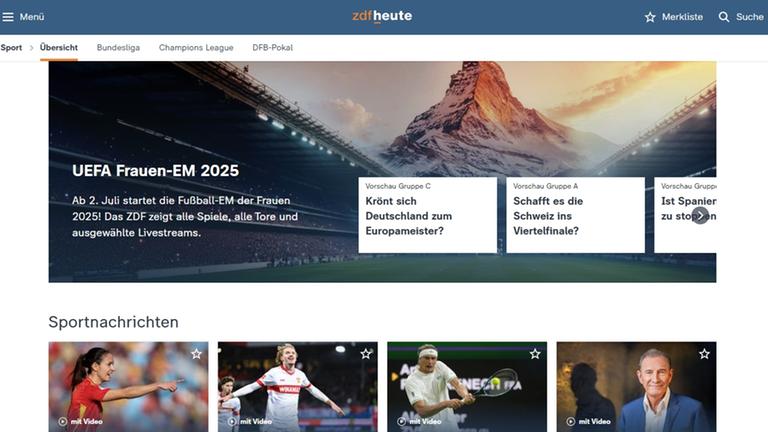 Screenshot der Seite "Sportnachrichten" auf der heute.de