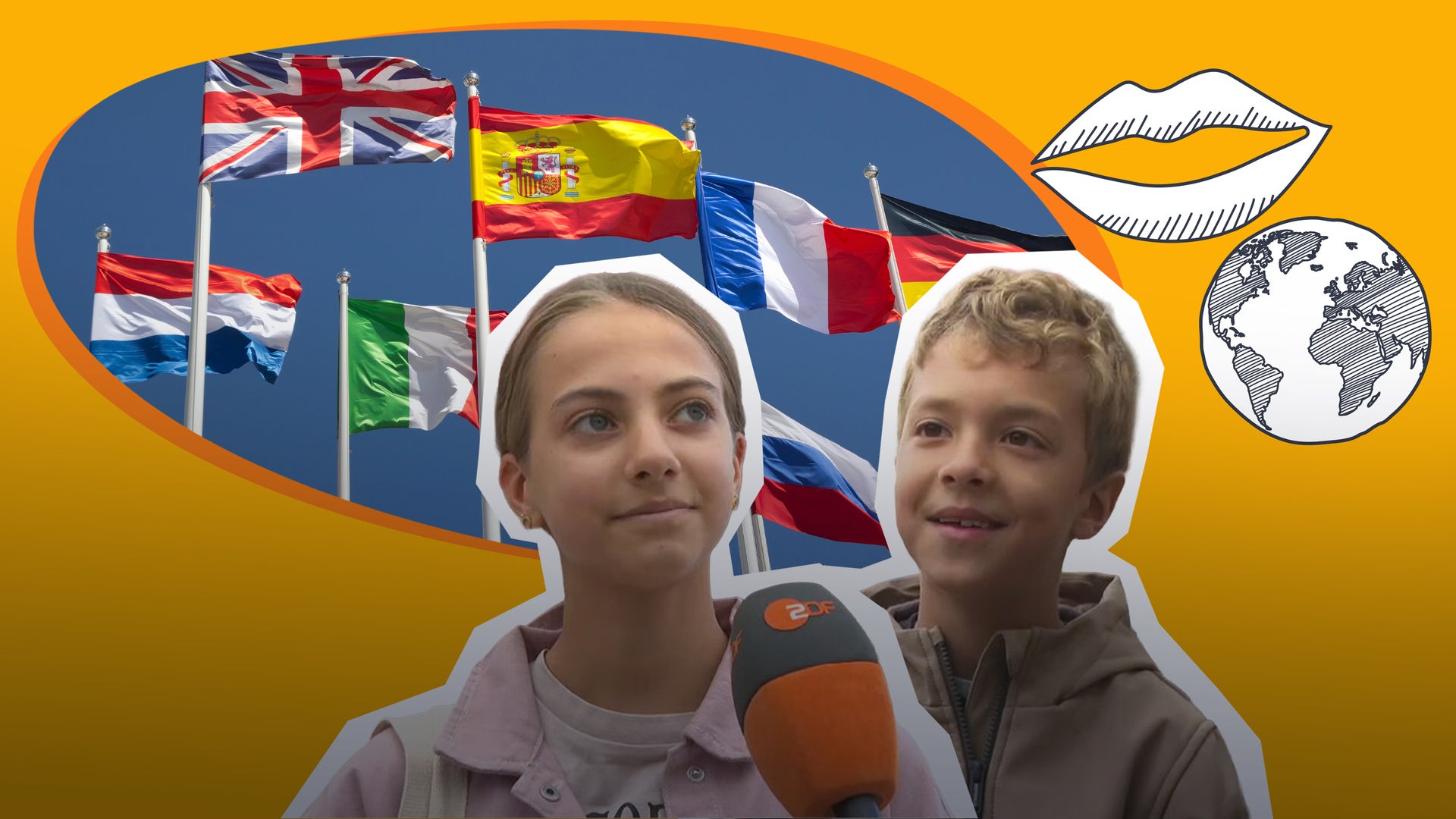 Kinder in der Umfrage und Flaggen verschiedener Länder
