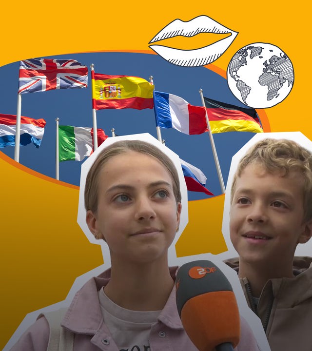 Kinder in der Umfrage und Flaggen verschiedener Länder