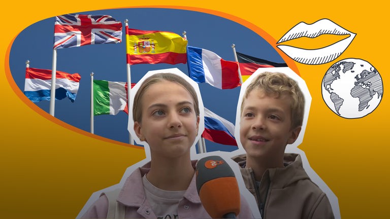Kinder in der Umfrage und Flaggen verschiedener Länder
