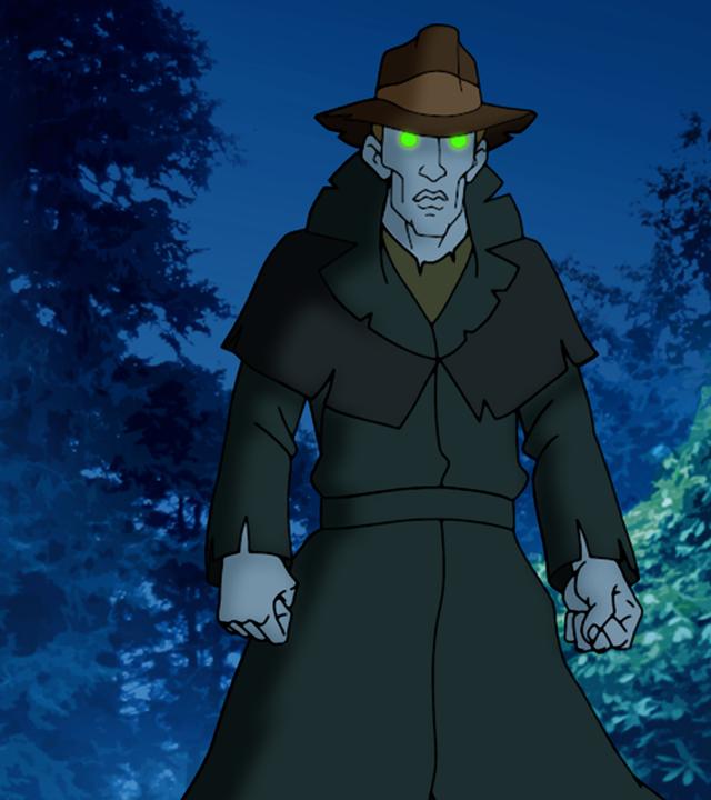 Es ist Nacht. Ein großer Mann mit Hut, langem Mantel und grün-leuchtenden Augen steht vor Tim. Tim liegt erschrocken auf dem Boden. Es ist nur sein Hinterkopf zu sehen.