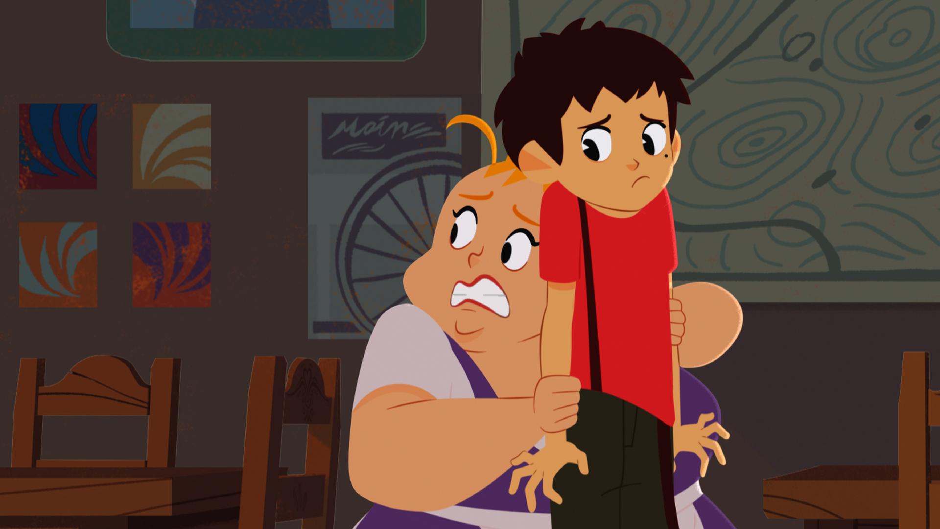 Roberta versteckt sich ängstlich hinter Sebastian. Auch er sieht etwas beunruhigt aus.