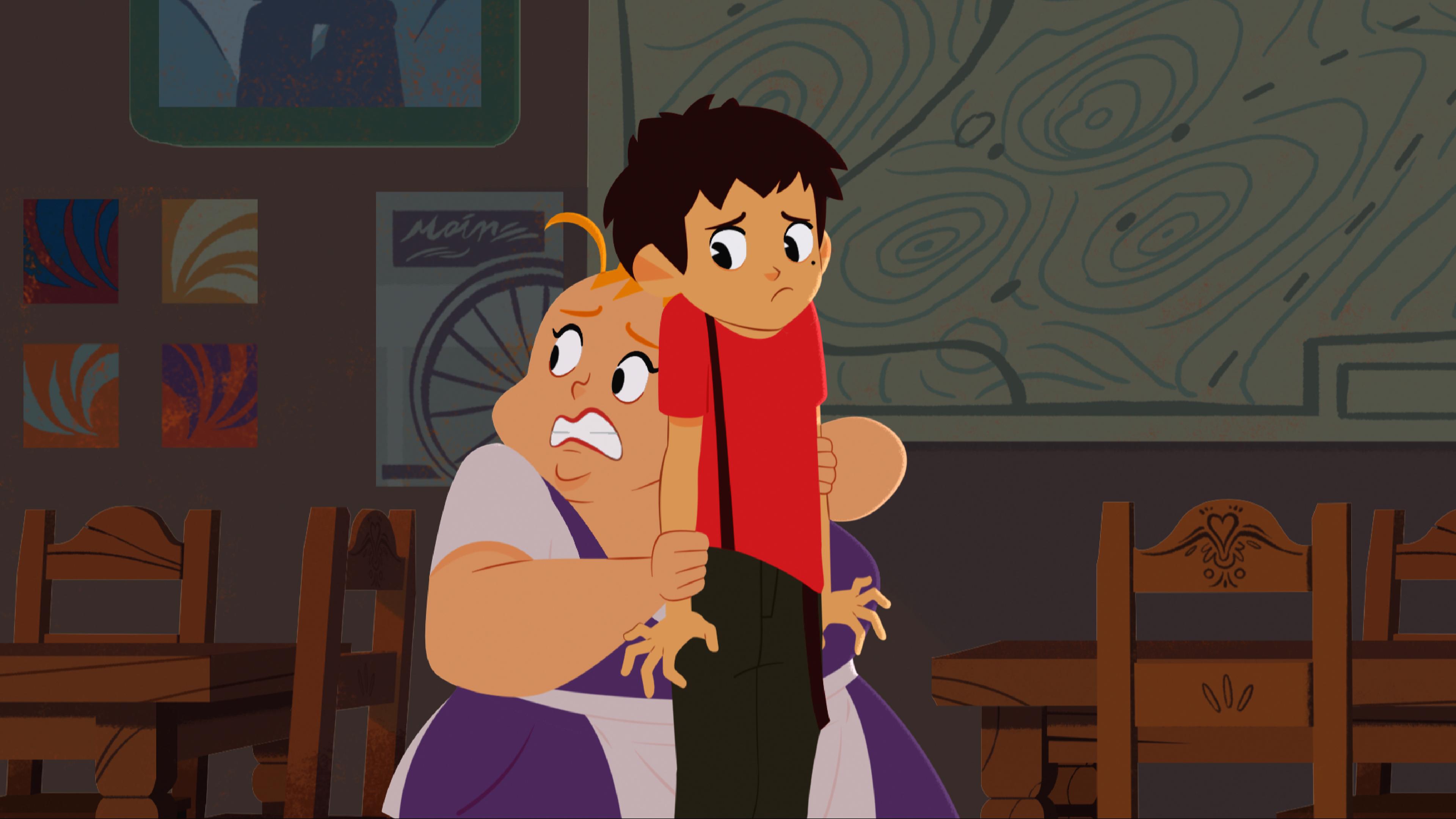 Roberta versteckt sich ängstlich hinter Sebastian. Auch er sieht etwas beunruhigt aus.