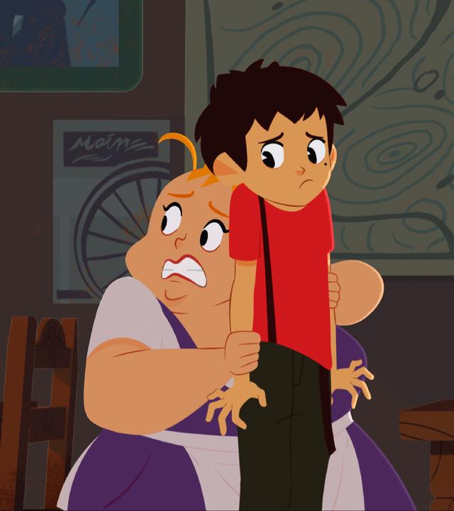 Roberta versteckt sich ängstlich hinter Sebastian. Auch er sieht etwas beunruhigt aus.