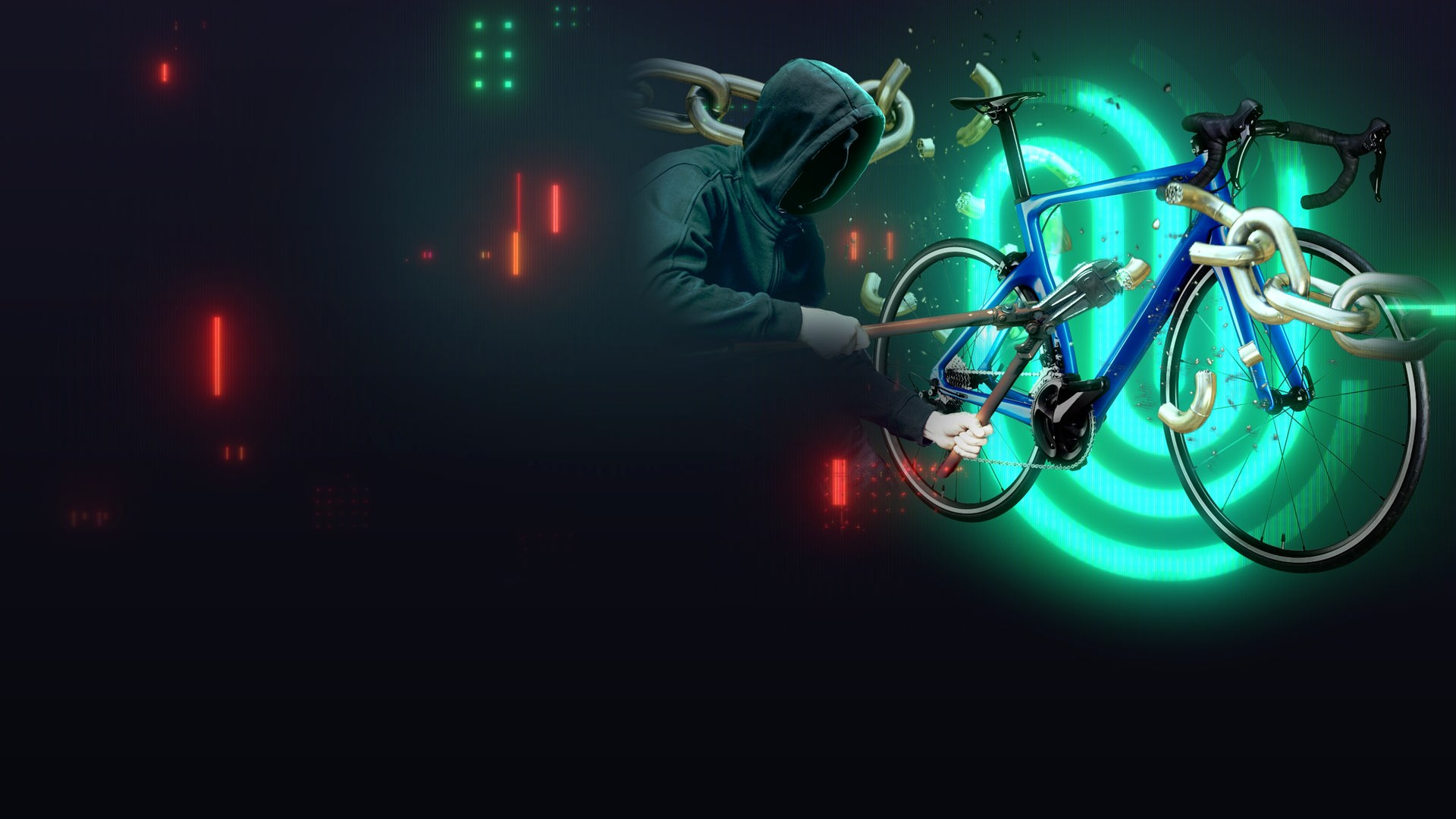 Ein Dieb ist dabei mit einem Bolzenschneider ein Fahrrad zu stehlen, im Hintergrund Spur-Logo.