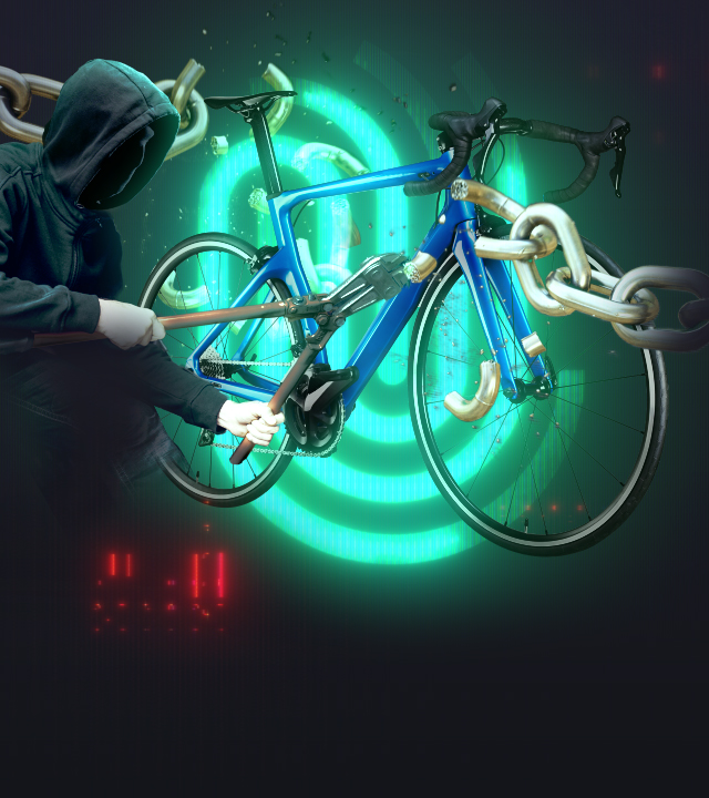 Ein Dieb ist dabei mit einem Bolzenschneider ein Fahrrad zu stehlen, im Hintergrund Spur-Logo.