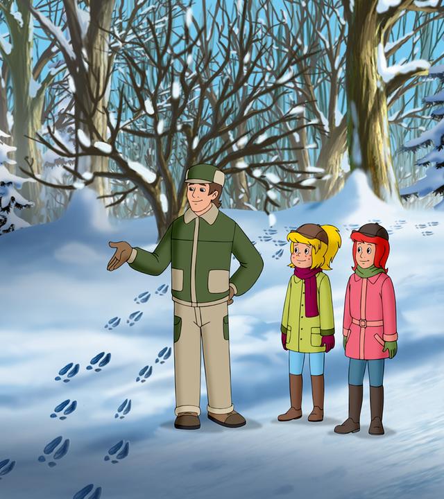 Der Förster zeigt Bibi und Tina frische Spuren im verschneiten Wald.