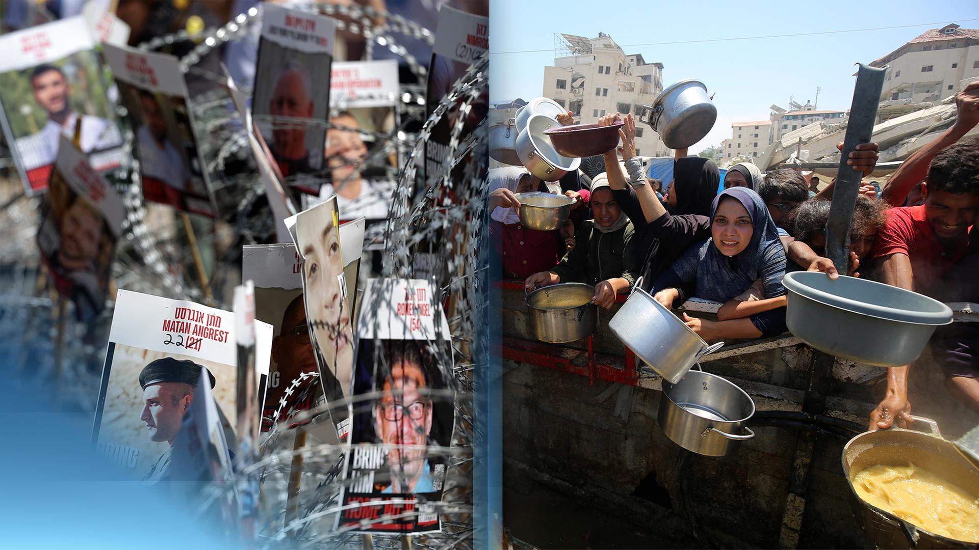 Eine Collage von zwei Bildern: Forderung von Freilassung der Geiseln und hungernde Menschen im Gazastreifen.