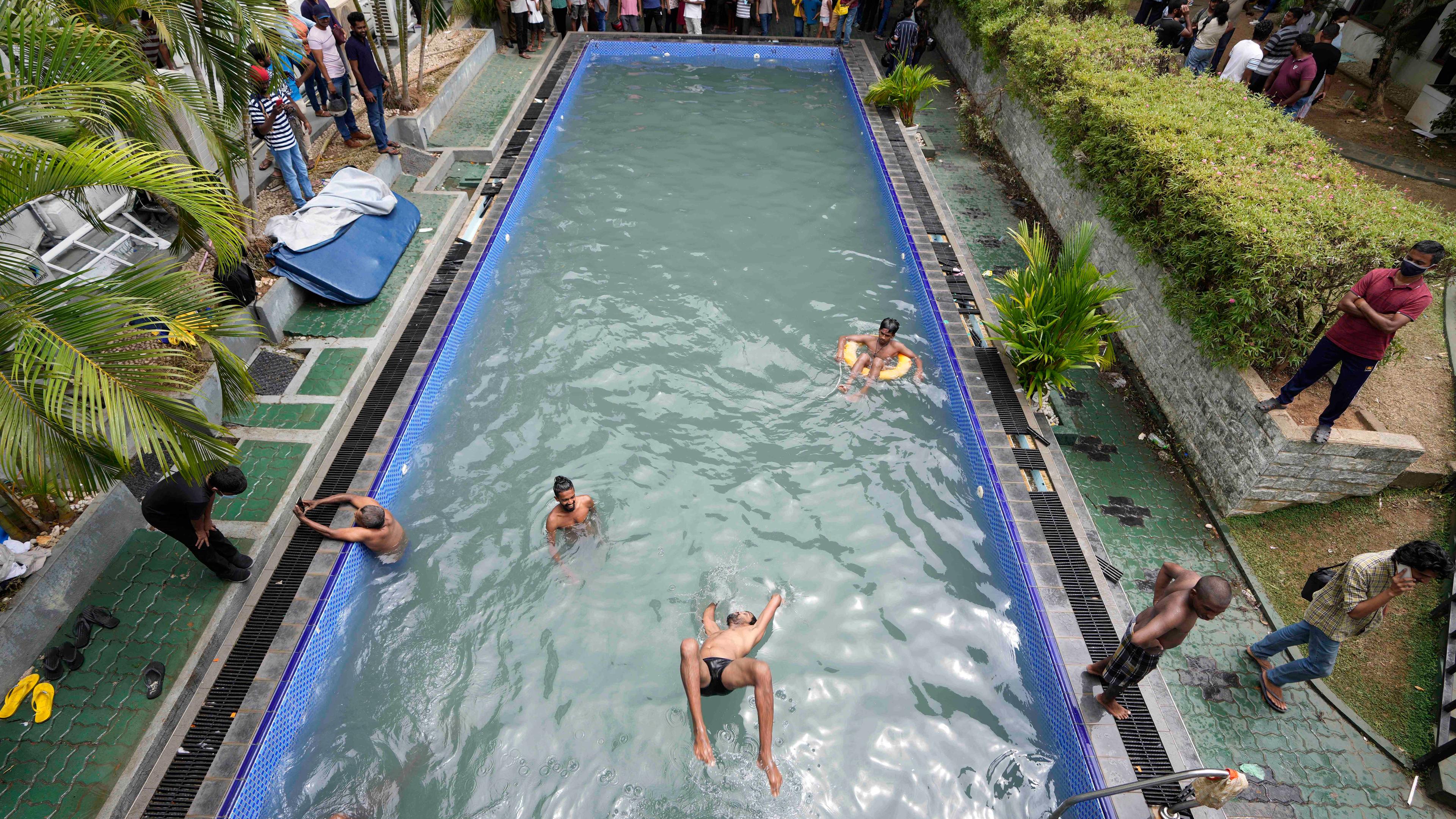 Protestierende schwimmen im Pool des Präsidenten. 