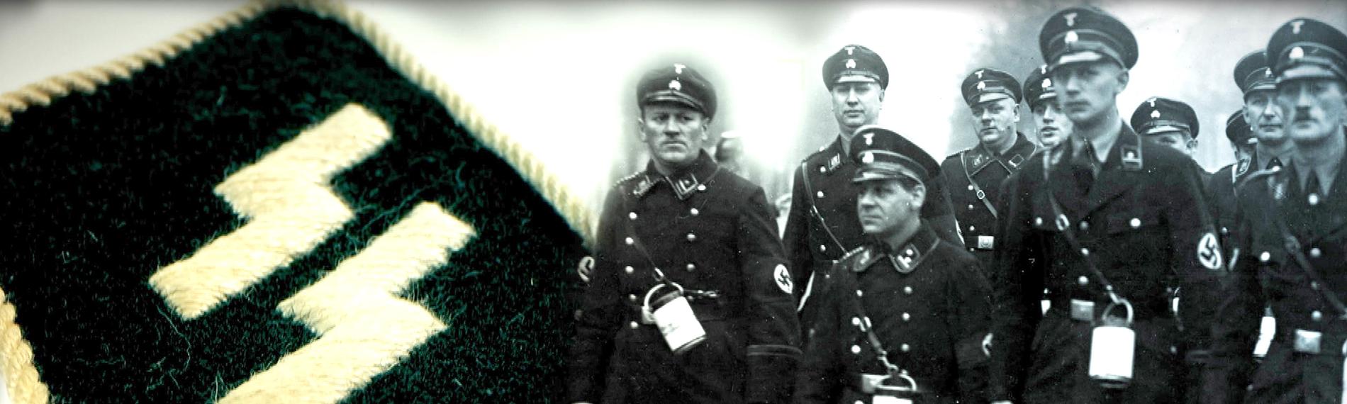 Fotocollage. Rechts mehrere SS-Soldaten, links ein Kragenspiegel einer SS-Uniform.