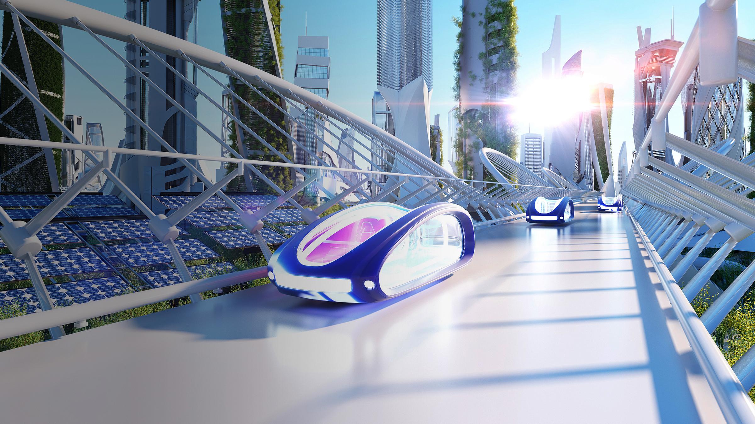 Vision fliegender Autos in einer futuristischen Stadt