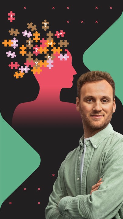 Psychologe Leon Windscheid steht neben der Grafik eines aufgeklappten Gehirns, aus welchem Puzzleteile herausfliegen.