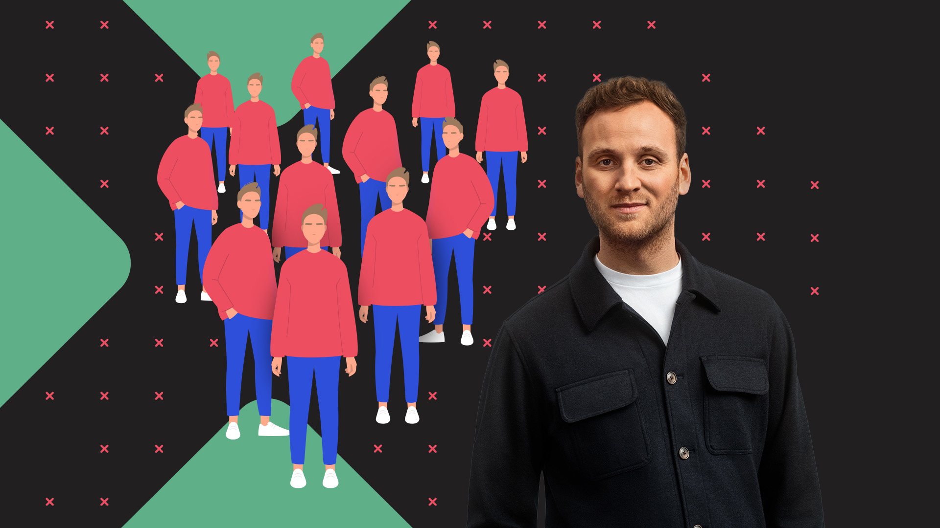 Neben Leon Windscheid stehen grafisch illustriert mehrere Personen mit identischer Kleidung (rotem Pullover und blauer Jeans)