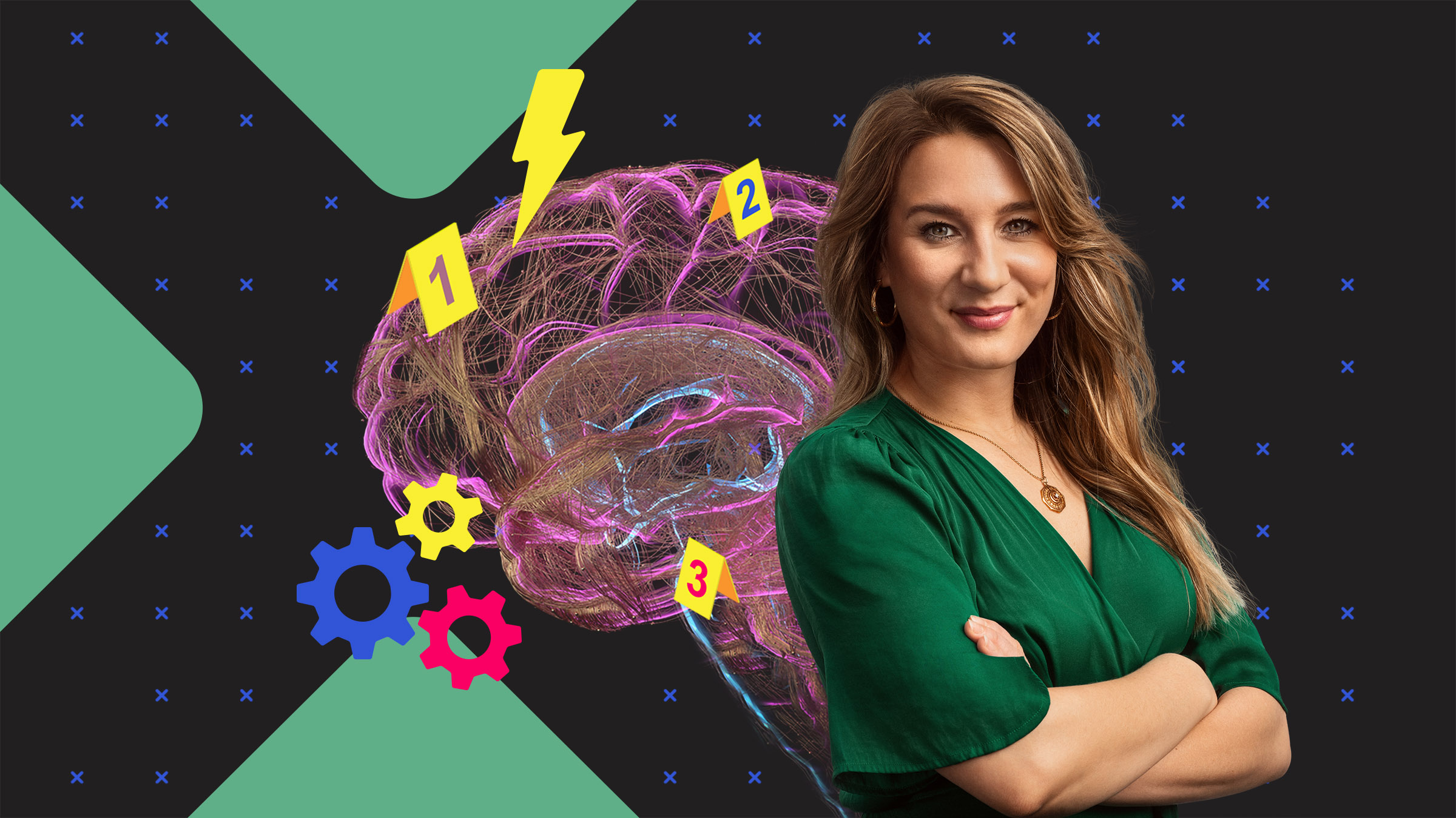 Biologin Jasmina Neudecker lächelt, neben ihr ist grafisch ein Gehirn mit Blitzen, Zahnrädern und Zahlen abgebildet.