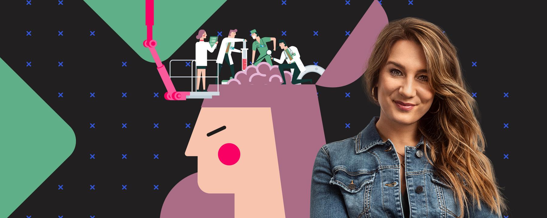 Hinter Biologin Jasmina Neudecker beladen WissenschaftlerInnen ein grafisches Gehirn