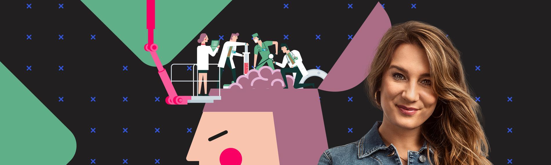 Hinter Biologin Jasmina Neudecker beladen WissenschaftlerInnen ein grafisches Gehirn