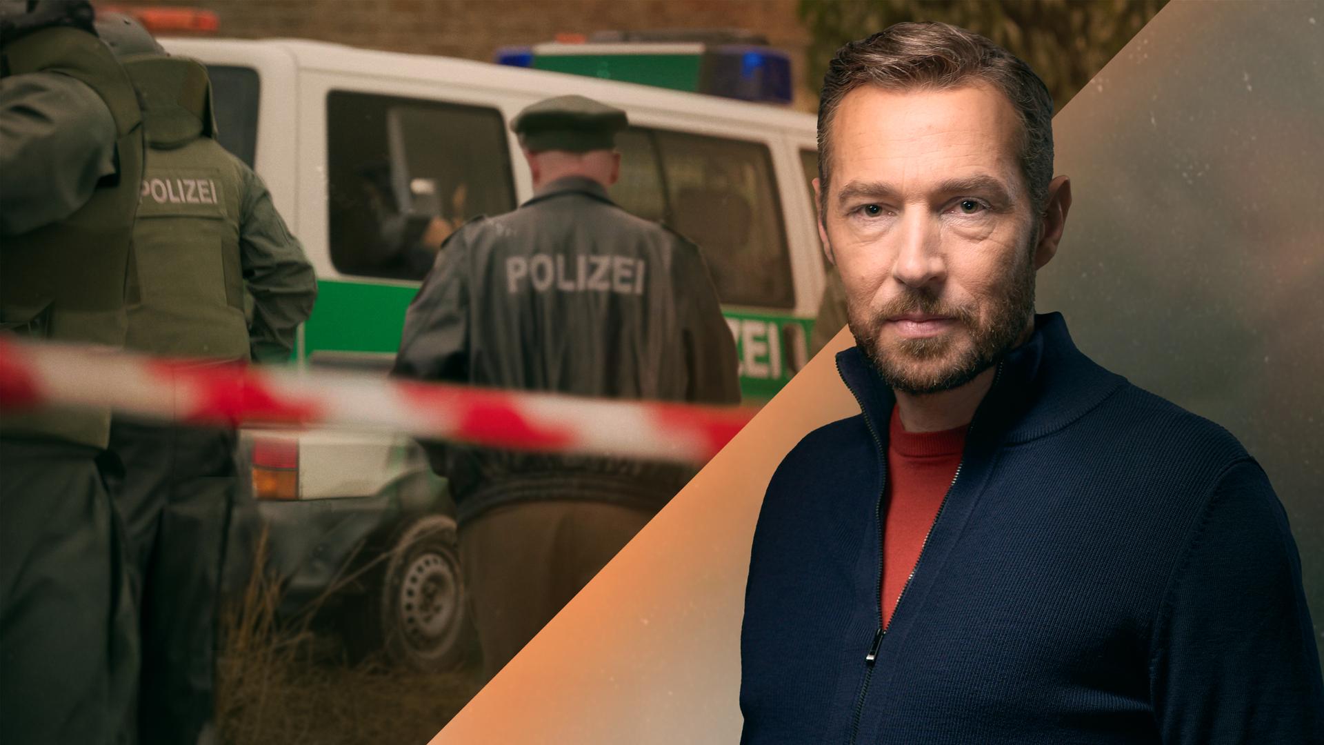Fotomontage: Sven Voss rechts im Vordergrund. Im Hintergrund: Polizisten, die auf einen Mannschaftswagen zugehen. 