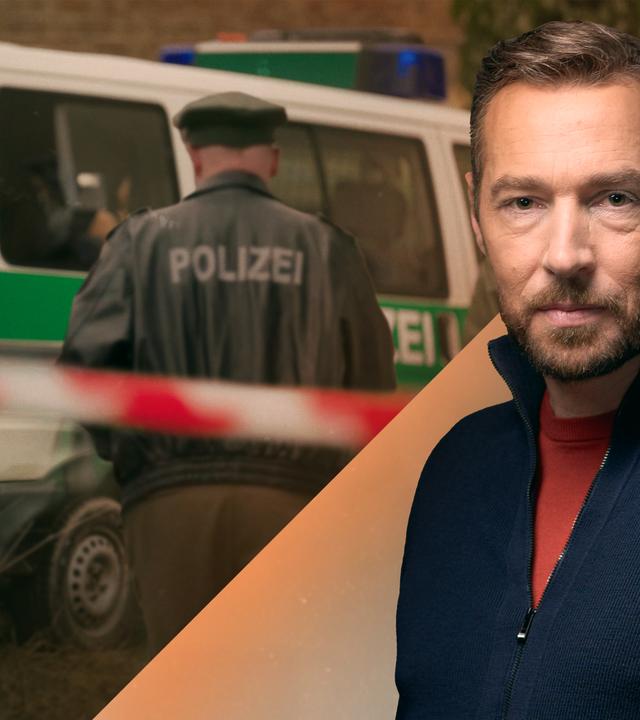 Fotomontage: Sven Voss rechts im Vordergrund. Im Hintergrund: Polizisten, die auf einen Mannschaftswagen zugehen. 