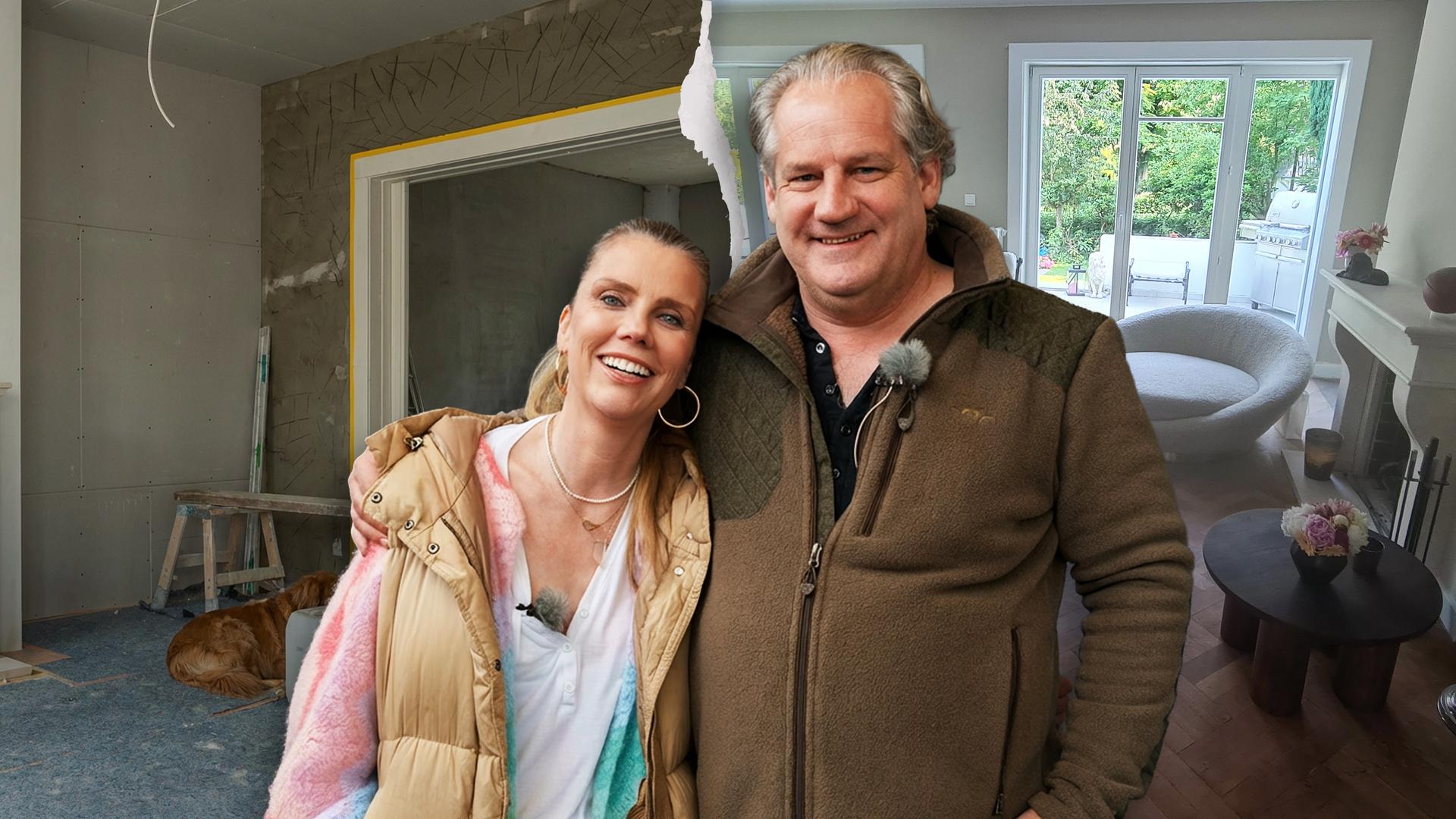 Stefanie und Hain (v. l. n. r.), die Immo-Helden Kandidaten stehen lächelnd Arm in Arm. Im Hintergrund erkennt man die links die Wohnung während der Renovierung und rechts das fertige Endergebnis.